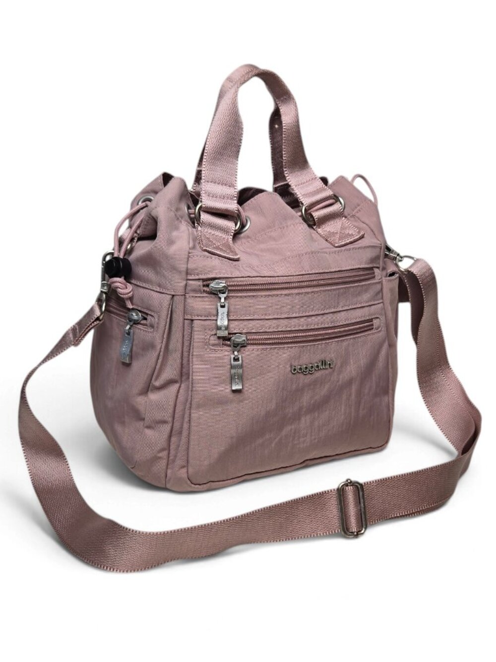 Baggallini Everywhere Drawstring Nylon Bag Rose Pink Utility Zip Pockets